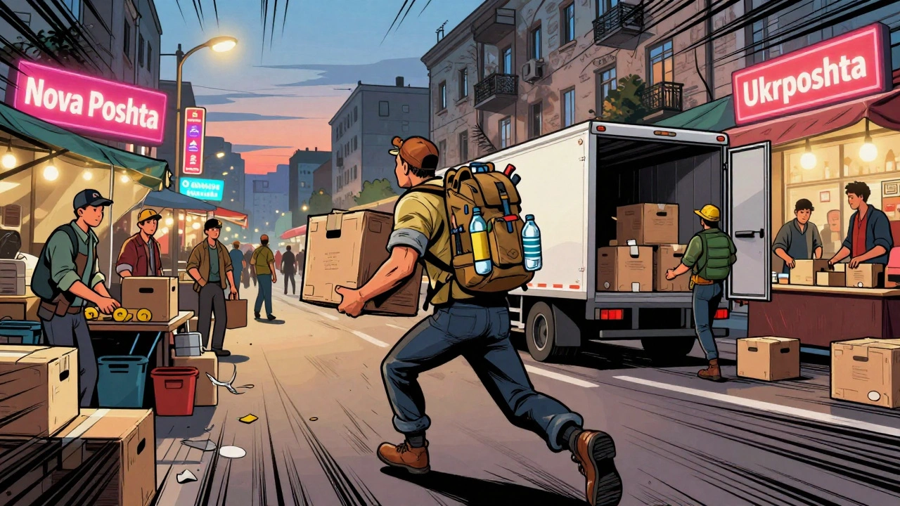 Грузчик розгружає вантаж на ринку в Києві ввечері, навколо — neon-вивіски логістичних компаній і міський пейзаж.