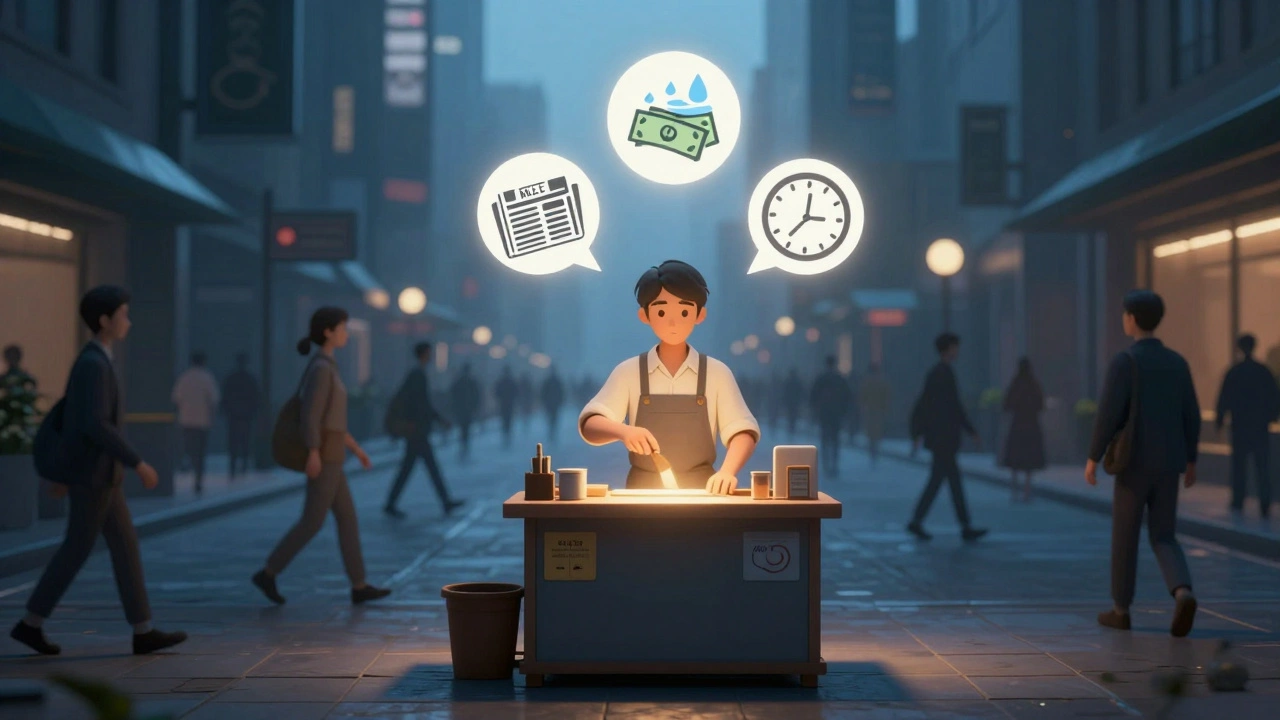 Концептуальне зображення продавця кіоска як центра міського життя.