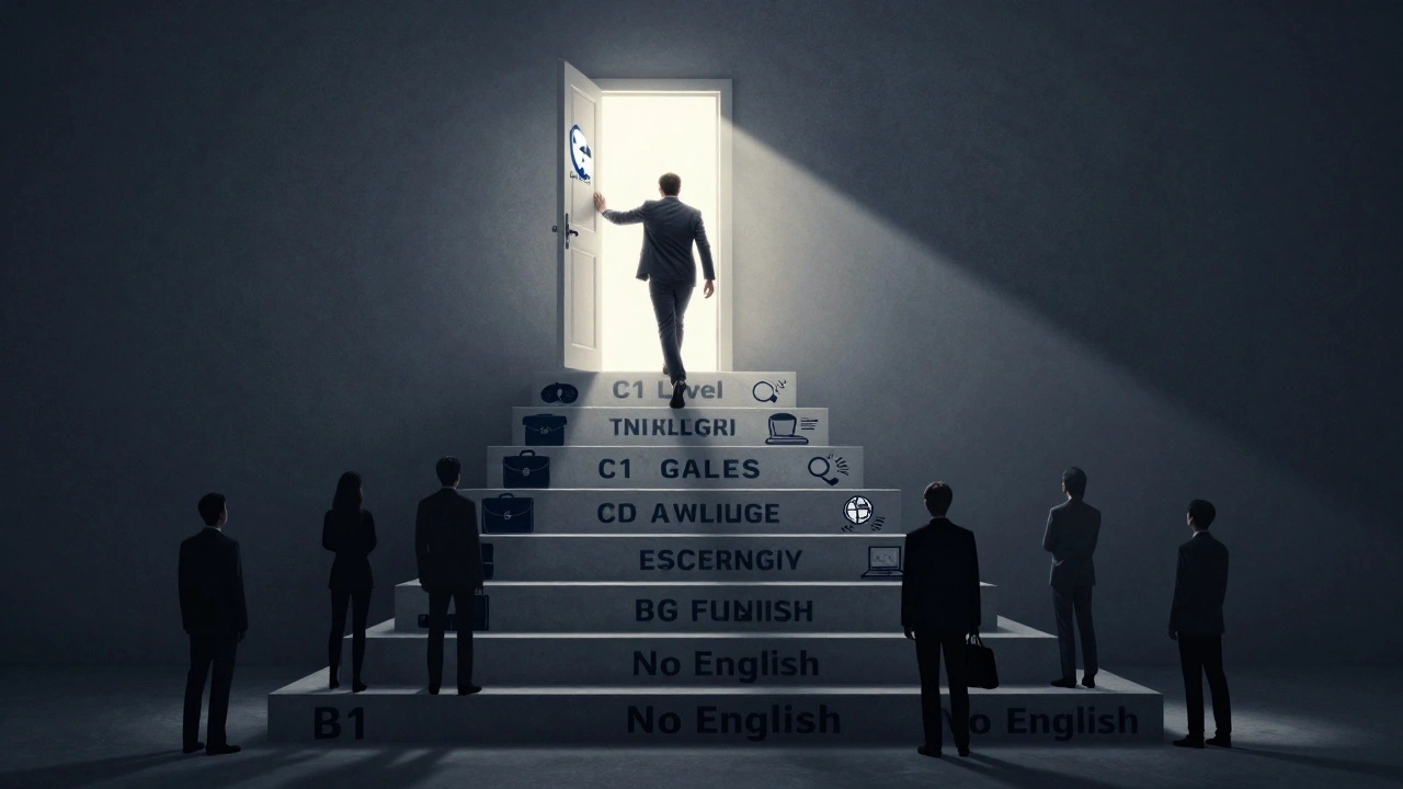 Людина піднімається сходами зі словами англійської мови та символами роботи, піднімаючись до дверей з рівнем C1.