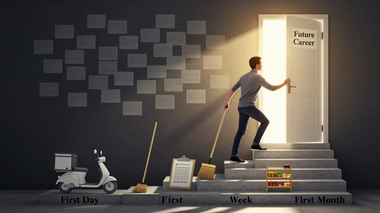 Людина піднімається сходами зі знаками перших робіт до світлої двері майбутньої кар'єри.