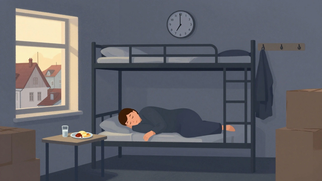 Людина спить у кімнаті на складі, сонце сходить за вікном.