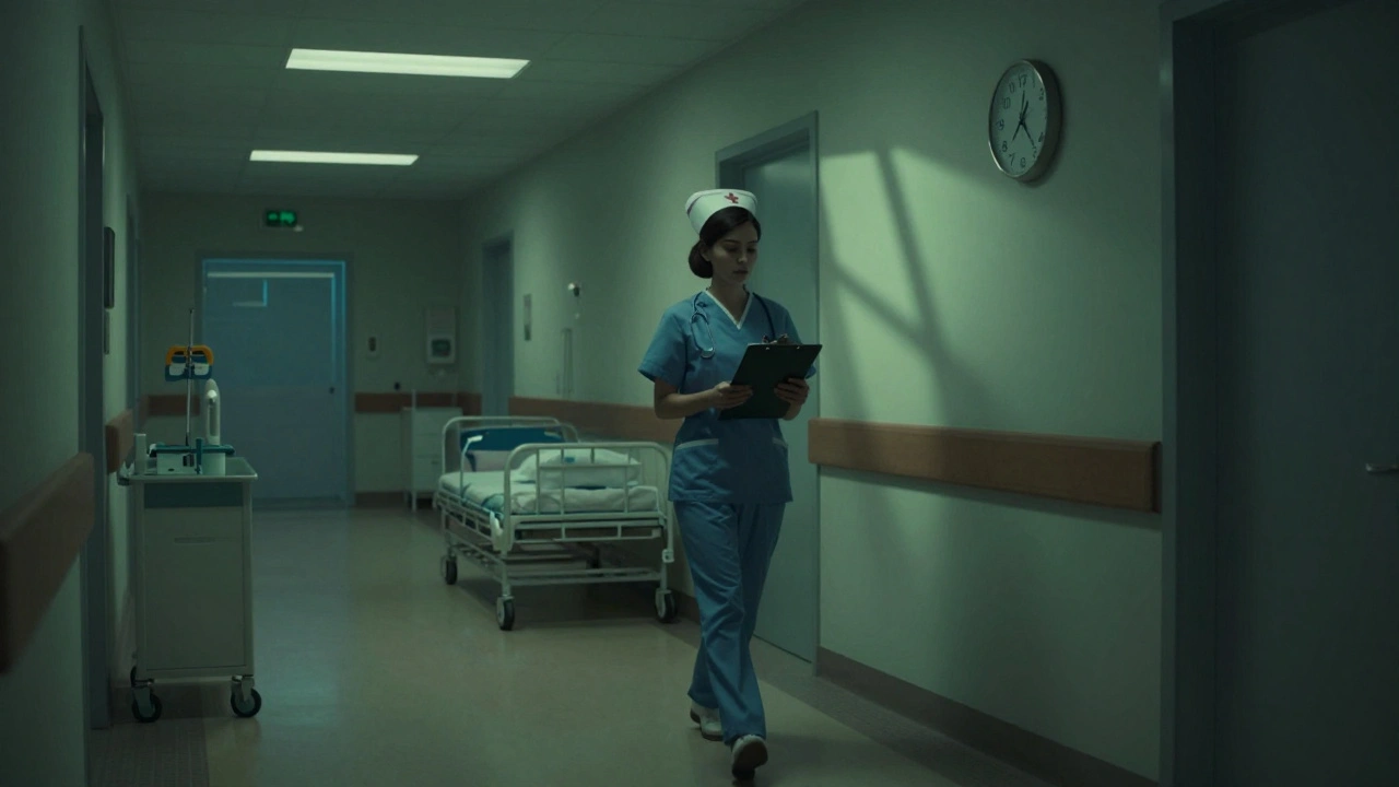 Медсестра проходить коридором лікарні о 4:17 ранку, тихий, заспокійливий світло.
