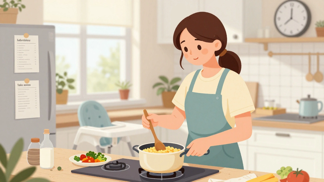 Няня готує дитячу їжу в чистій кухні з рецептами на холодильнику.