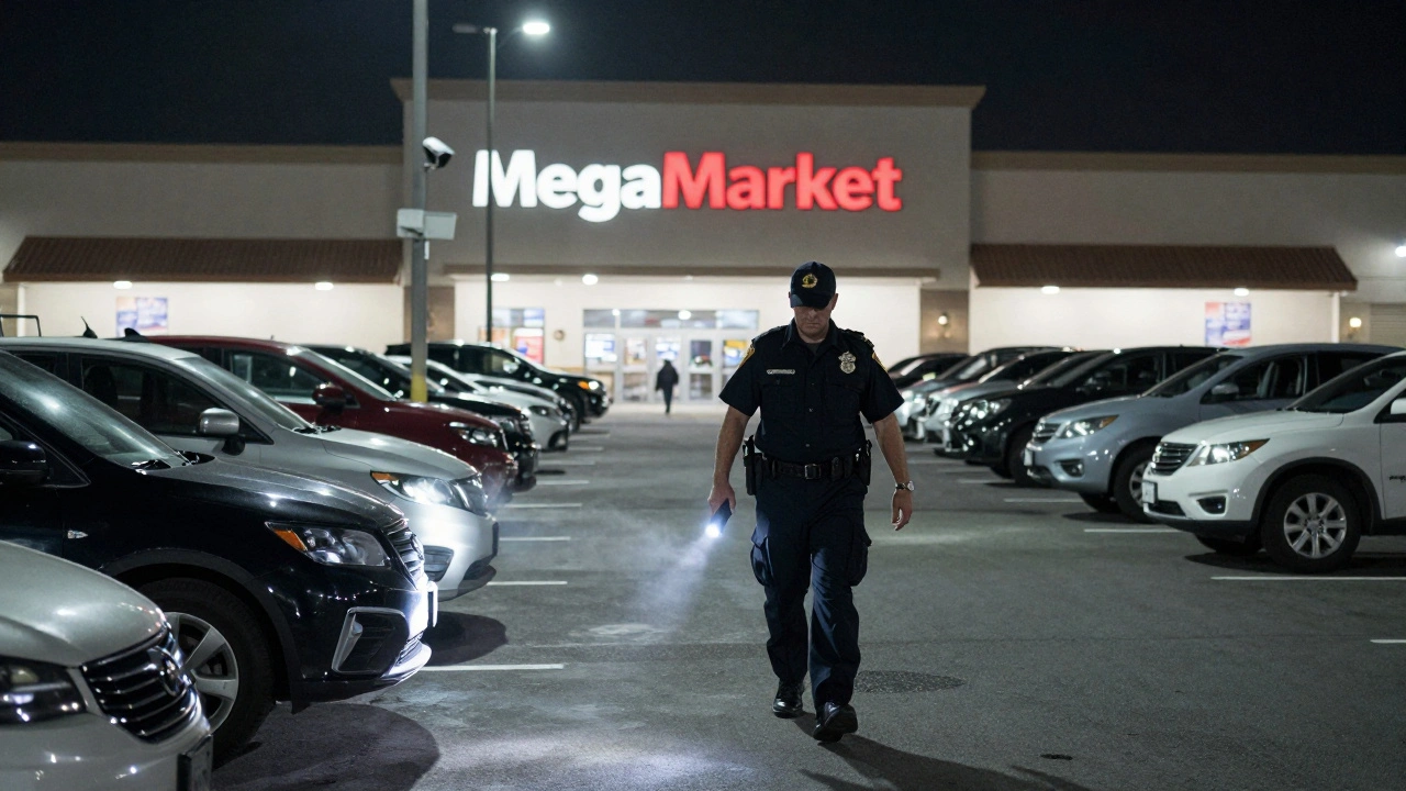 Охоронець обходить паркінг вночі з ліхтариком, перевіряючи машини.