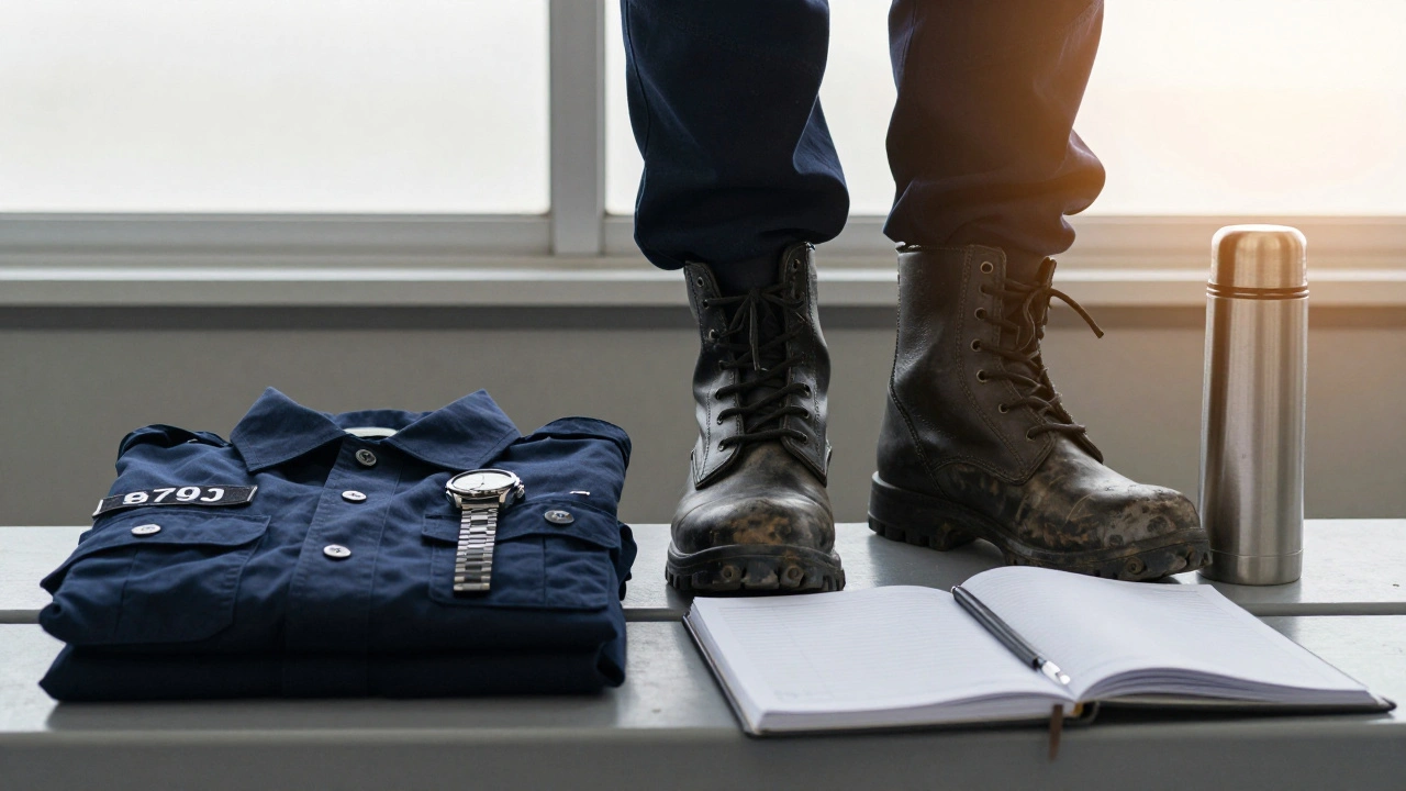 Пара охоронецьких ботинок і форма на лавці з записником і термосом під ранковим світлом.