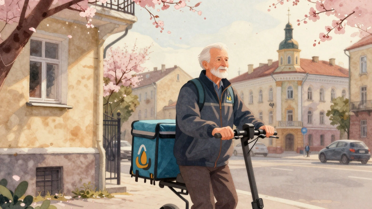 Пенсіонер на електросамокаті доставляє посилки в Києві під час заходу сонця, позаду — історична архітектура.