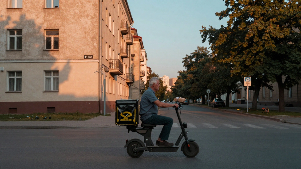 Пенсіонер на електросамокаті доставляє посилку в тихому київському районі.