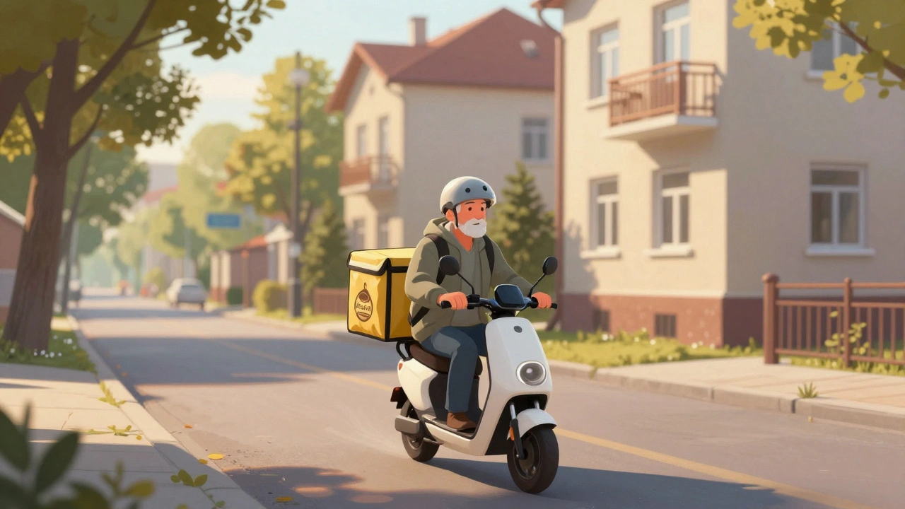 Пенсіонер на електросамокаті доставляє замовлення в житловий район.