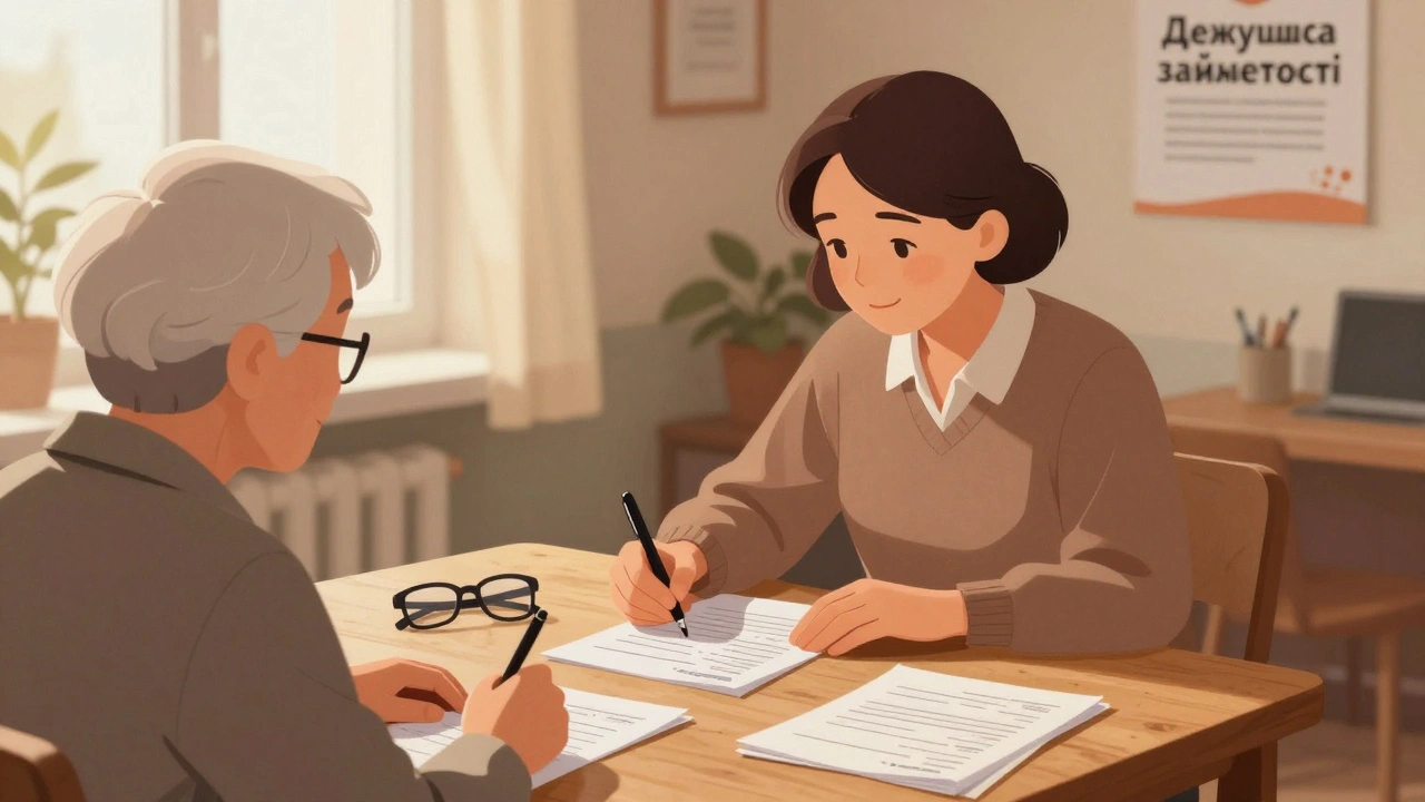 Пенсіонерка допомагає іншому пенсіонеру заповнювати документи в центрі.