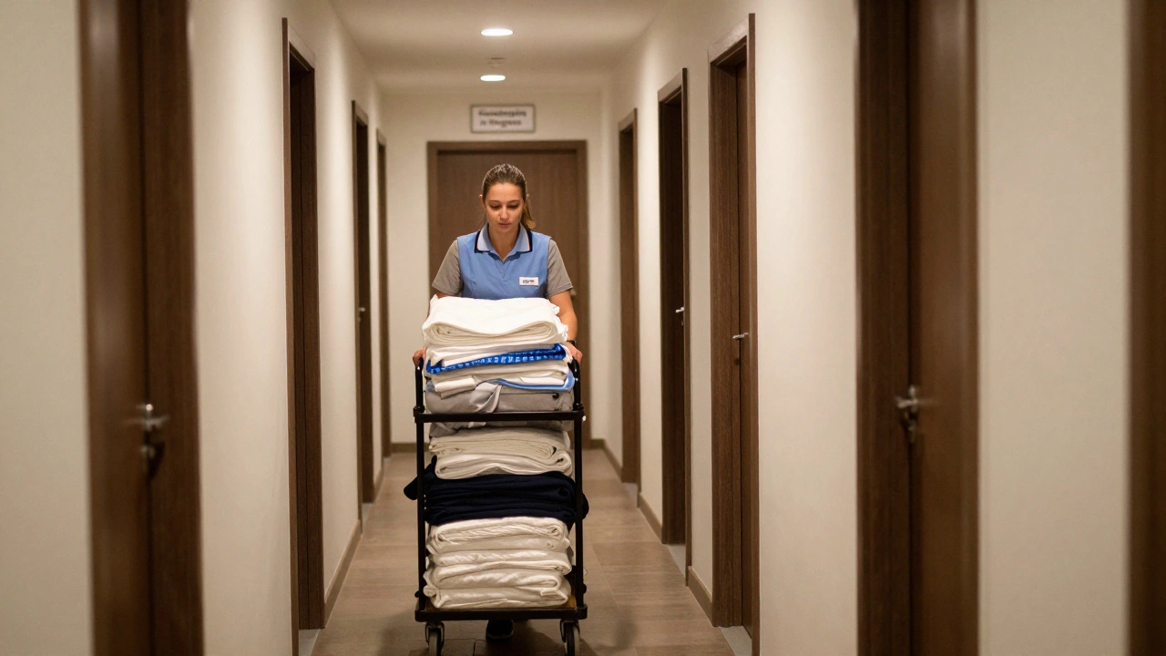 Покоївка з візком білизни йде коридором готелю в Києві, світло з ламп підсвічує її обличчя.