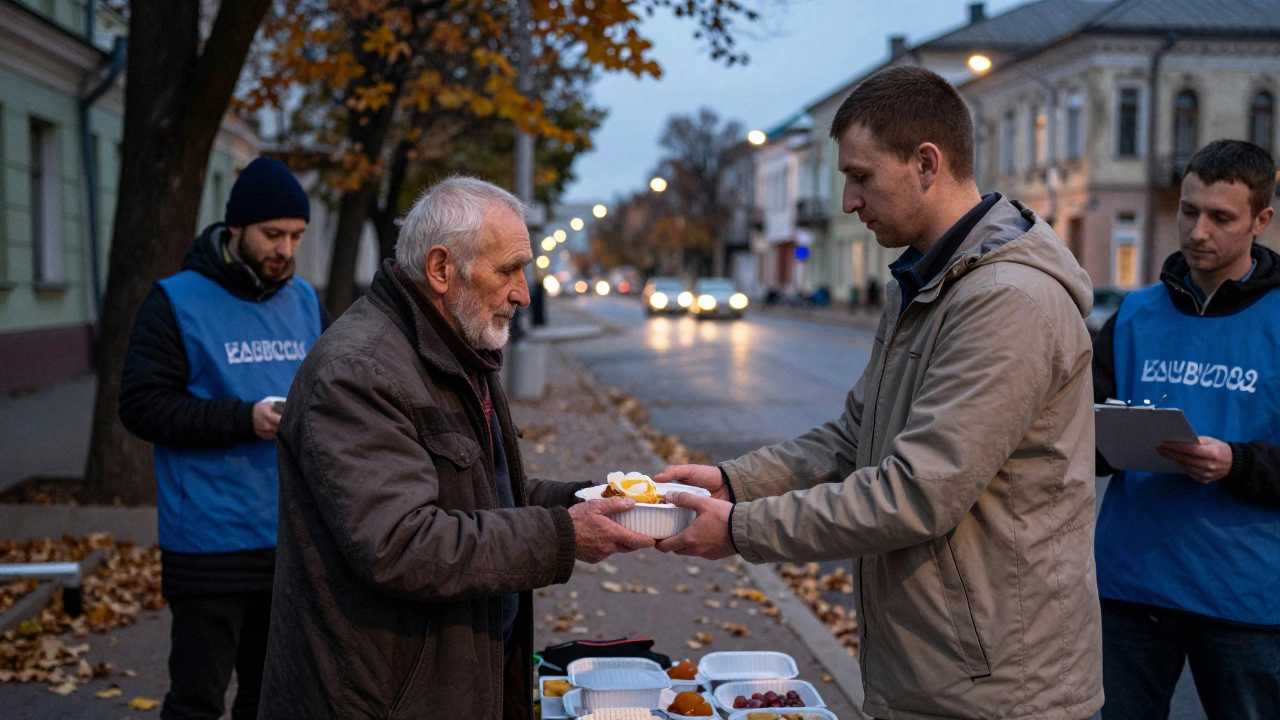 Працівник благодійного фонду роздає гарячу їжу пожилому чоловікові на вулиці в Києві під час вечірнього часу, навколо — осінні листя і м’яке освітлення.