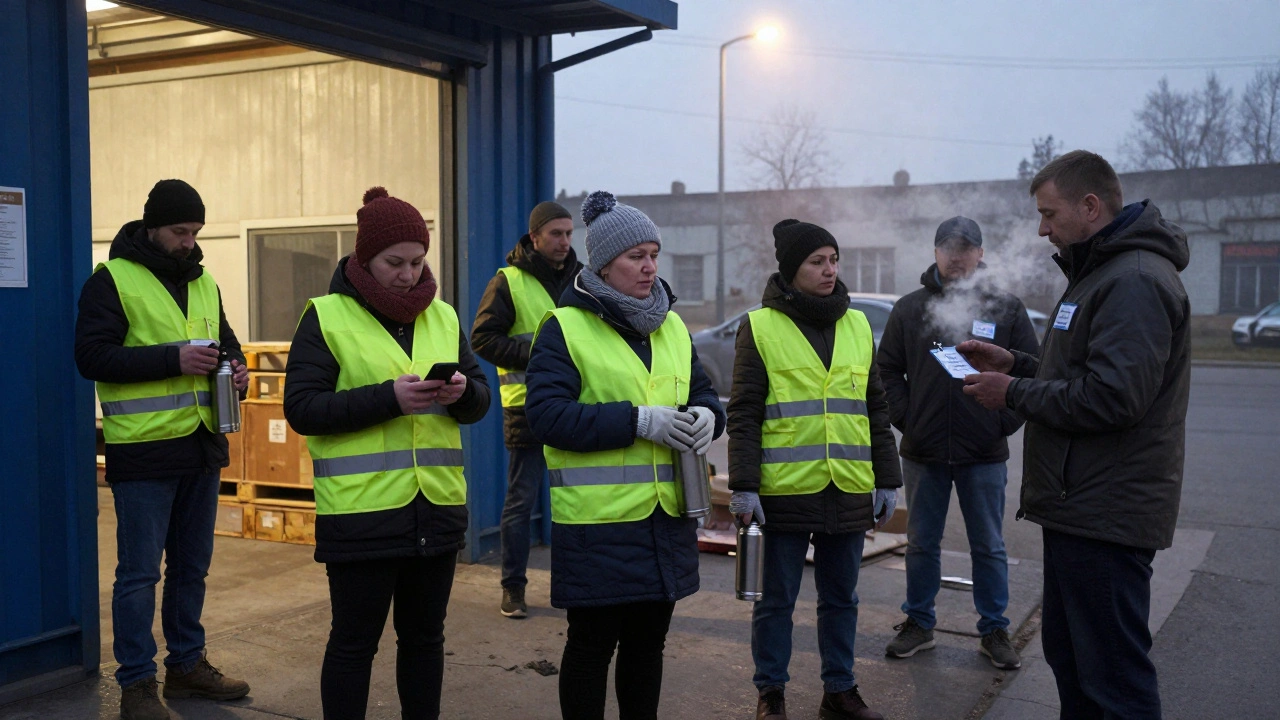 Працівники складу на Оболоні вранці, готові до зміни, з термосами та жилетами.