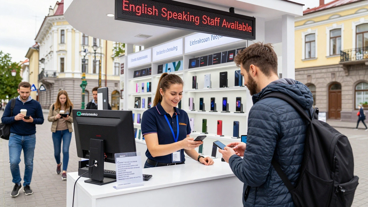 Продавець у магазині техніки в Києві допомагає іноземному туриста, навколо — електроніка з англійськими написами.