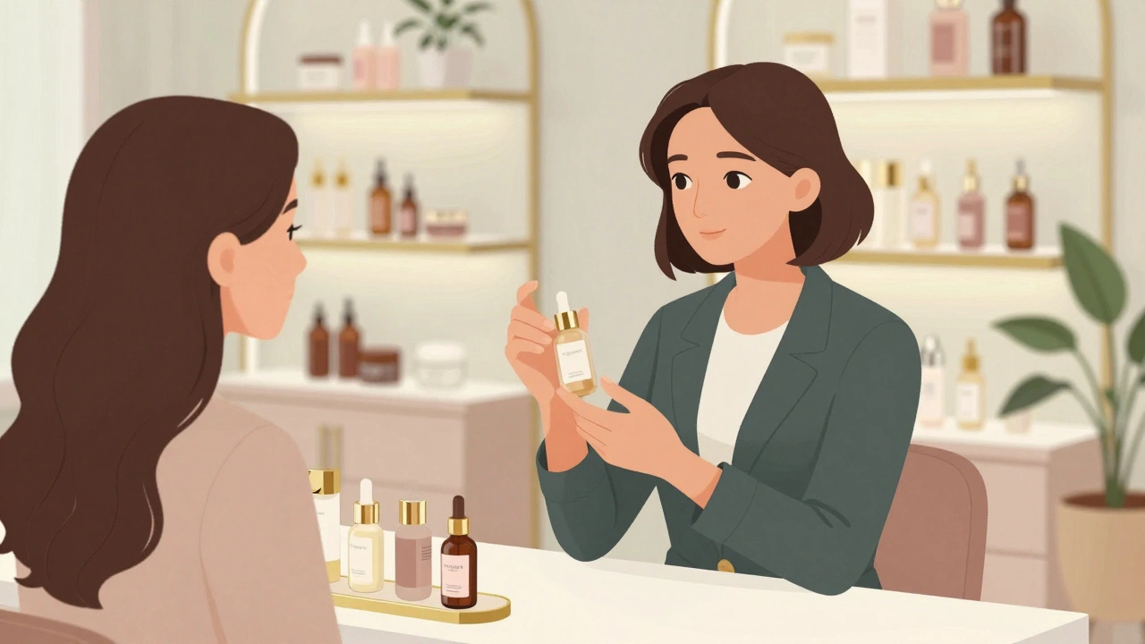 Продавець у салоні косметики пояснює склад серуму клієнтці.