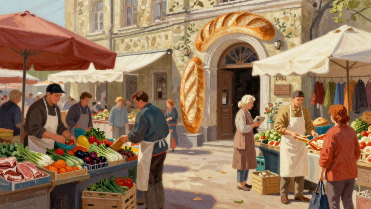 Ринок «Борщаговка» з кольоровими лотками, хлібом-пам’ятником і покупцями вранці.