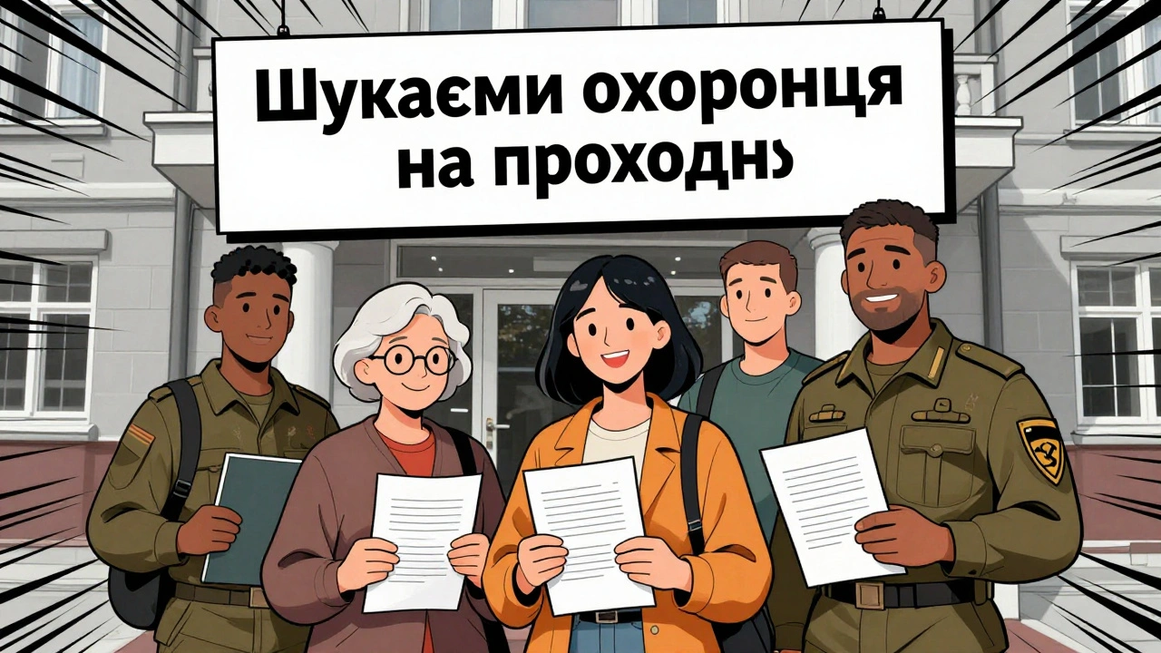 Різні кандидати на роботу на проходній біля лікарні в Києві.