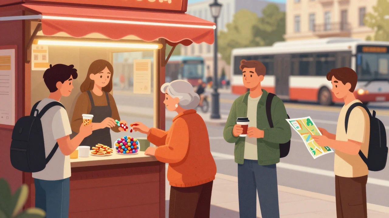 Різні клієнти взаємодіють з продавцем у кіоску на вулиці Києва.