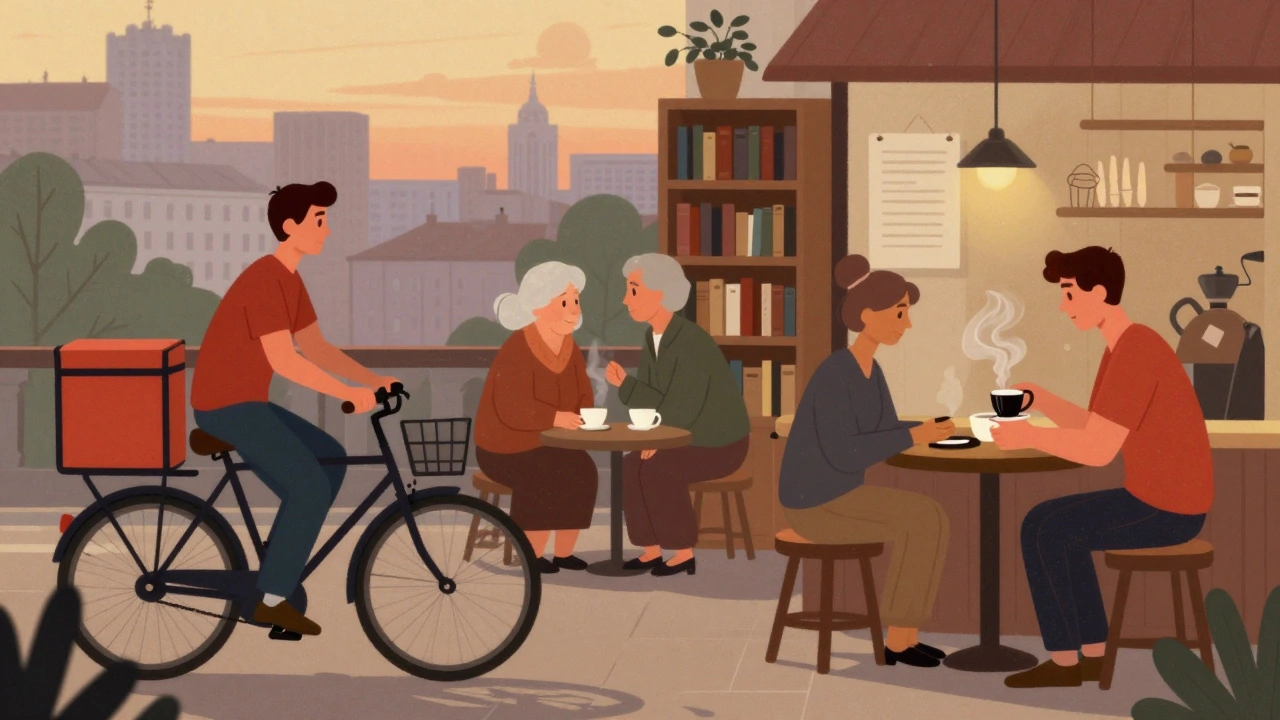 Різні люди в Києві працюють короткі години: кур’єр, бібліотекарка, офіціант у кав’ярні.