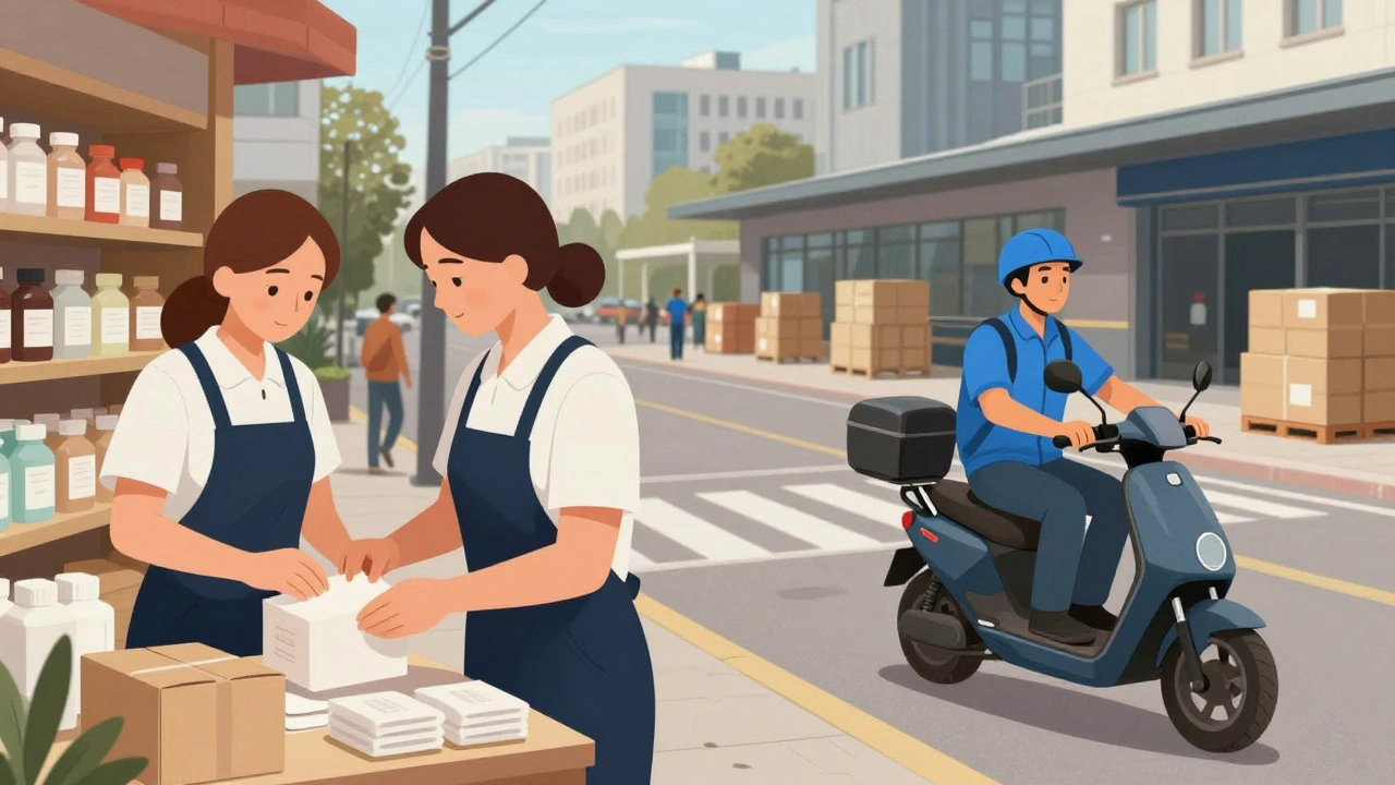 Різні працівники Оболоні: асистентка в аптекі, кур'єр на самокаті та працівник складу.