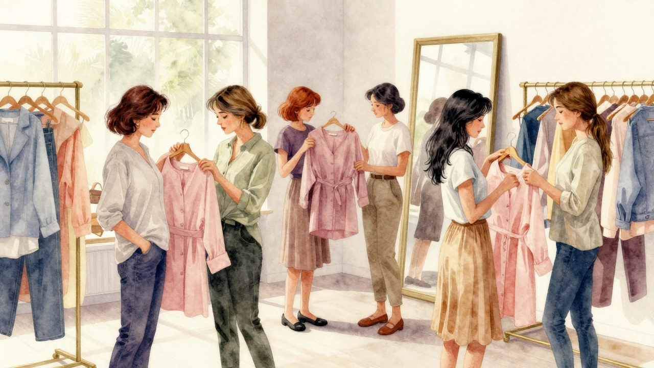 Різноманітна команда продавців у модному бутику допомагає клієнтам вибирати одяг.