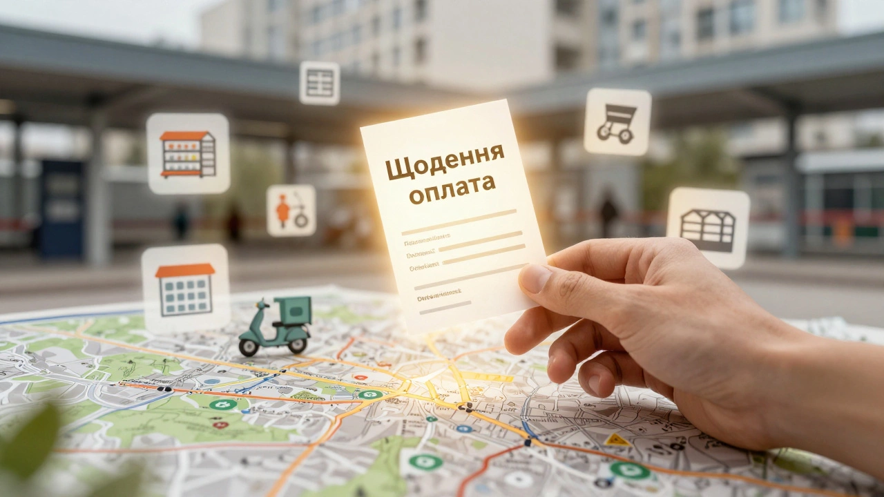 Рука бере світлу пропозицію роботи з карткою, що піднімається над картою Оболоні.