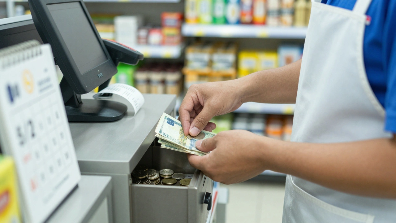 Руки працівника рахують гроші в міні-магазині, на столі — каса та чек.