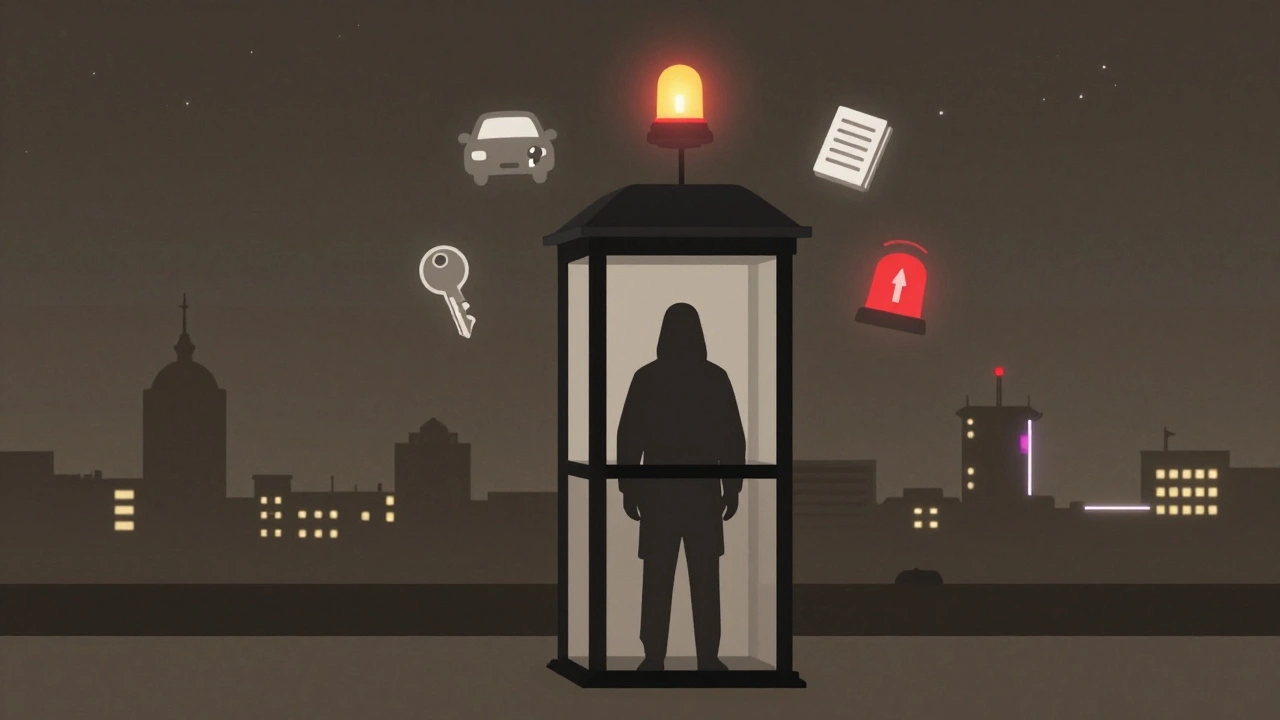 Силует охоронця серед символів безпеки на тлі Києва, відображає відповідальність.