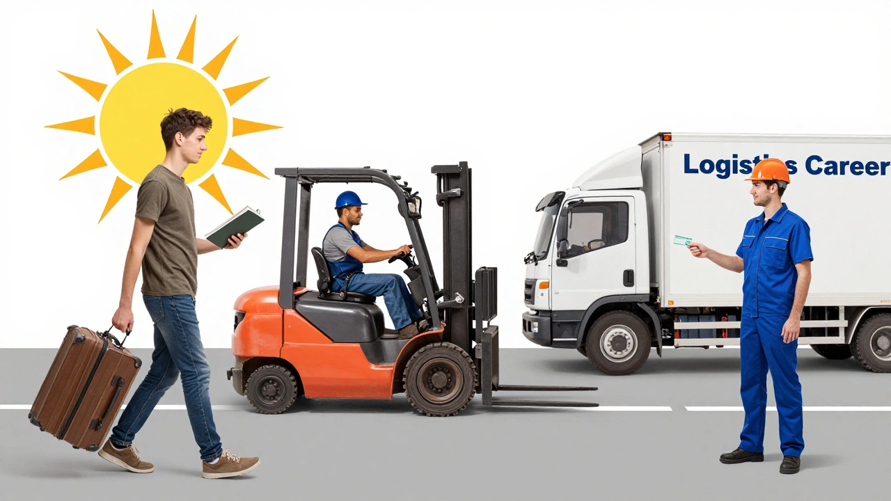 Символічна ілюстрація шляху грузчика: від прибуття до роботи з підйомником і отримання зарплати, зі східним сонцем.