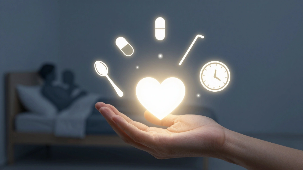 Символічне зображення руки, що тримає світлу сердечко, оточене іконами догляду.