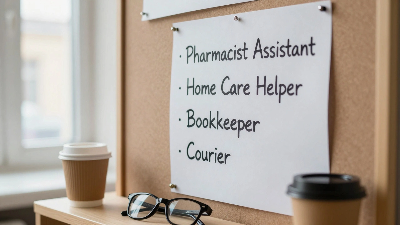 Список робіт для людей після 55 років на дошці в центрі соціальної допомоги в Києві, з кавою та окулярами.