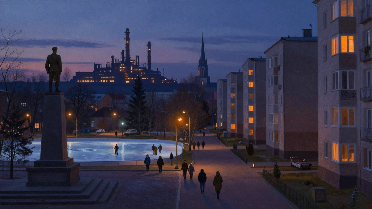 Сумерки в Борщаговці: завод, парк з ковзанкою, церква та сім’я, що йде додому.