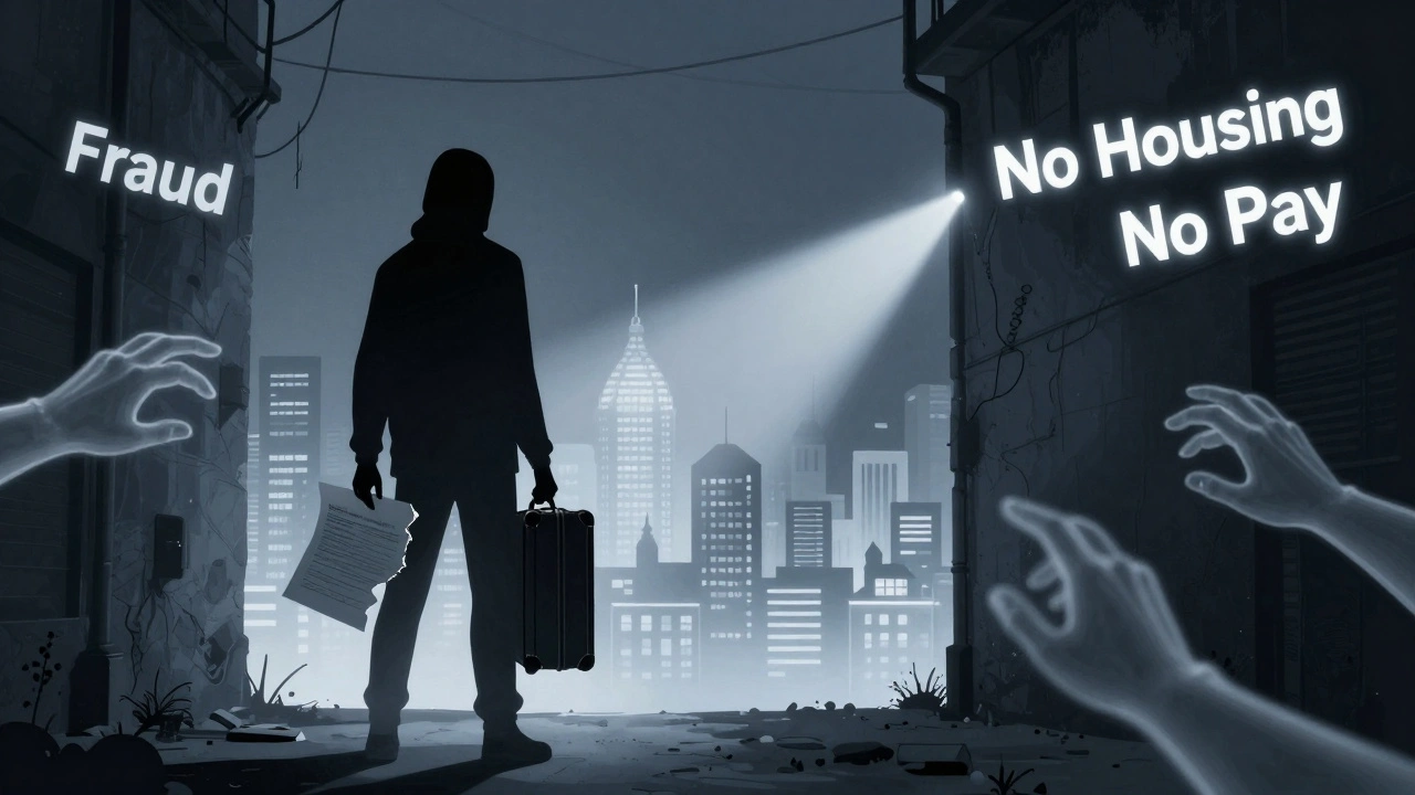 Тінь людини на межі міста, оточена привидами обману — без житла, без зарплати.