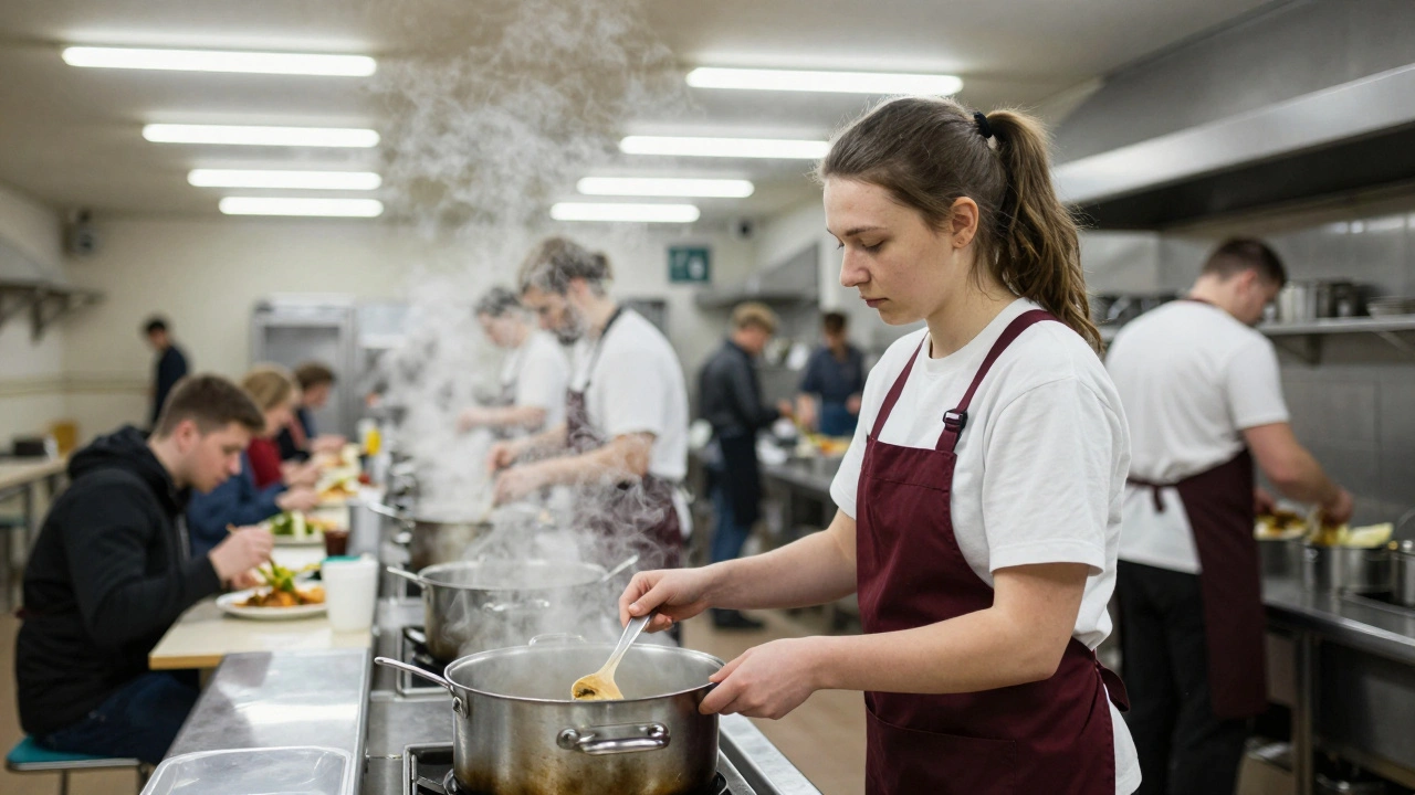 Жінка-кухар готує їжу в їдальні готелю, де працюють за вахтовим методом.