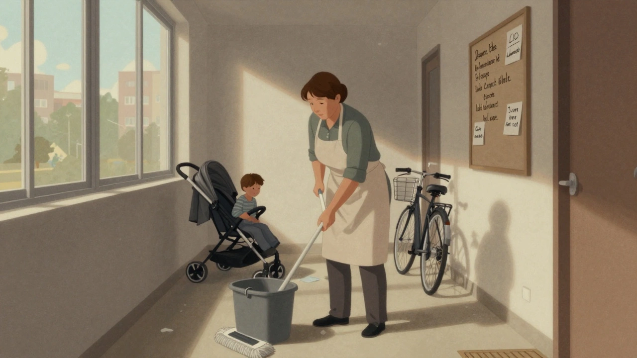 Жінка похилого віку прибирає в новому житловому комплексі на Лівому березі.