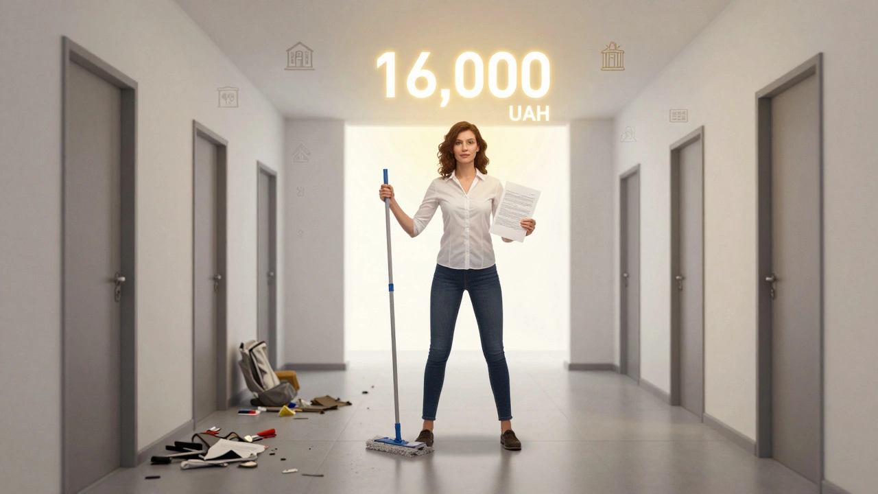 Жінка посередині: зліва брудний коридор, справа чистий, над нею цифра зарплати 16 000 грн.