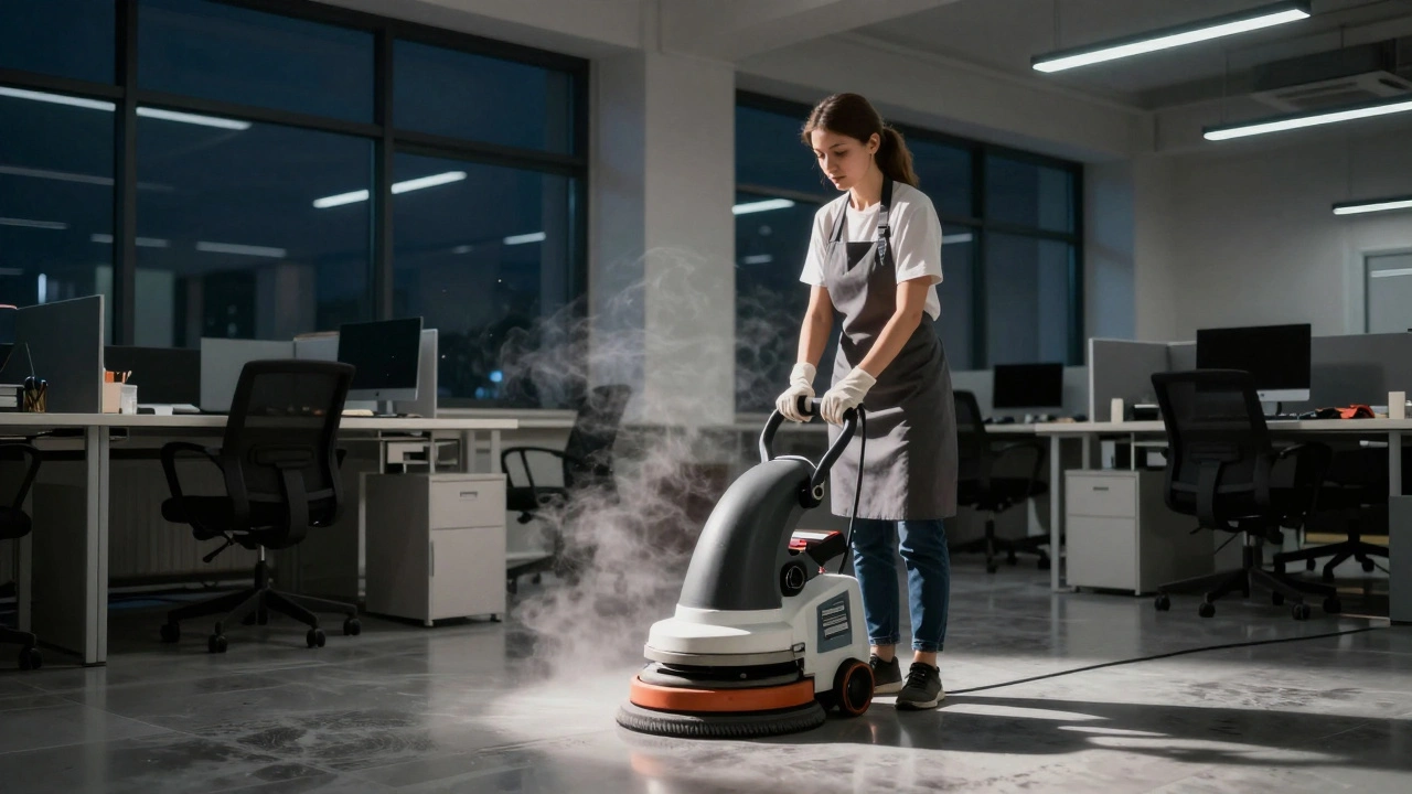 Жінка працює з промисловим полірувальним верстатом у офісі після робочого дня.