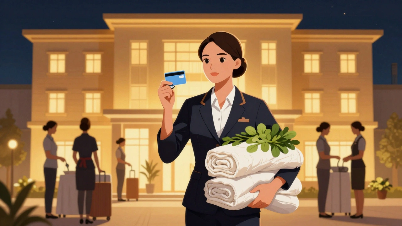 Жінка тримає білизну перед готелем, інші покоївки працюють у кімнатах, будівля світиться зсередини.