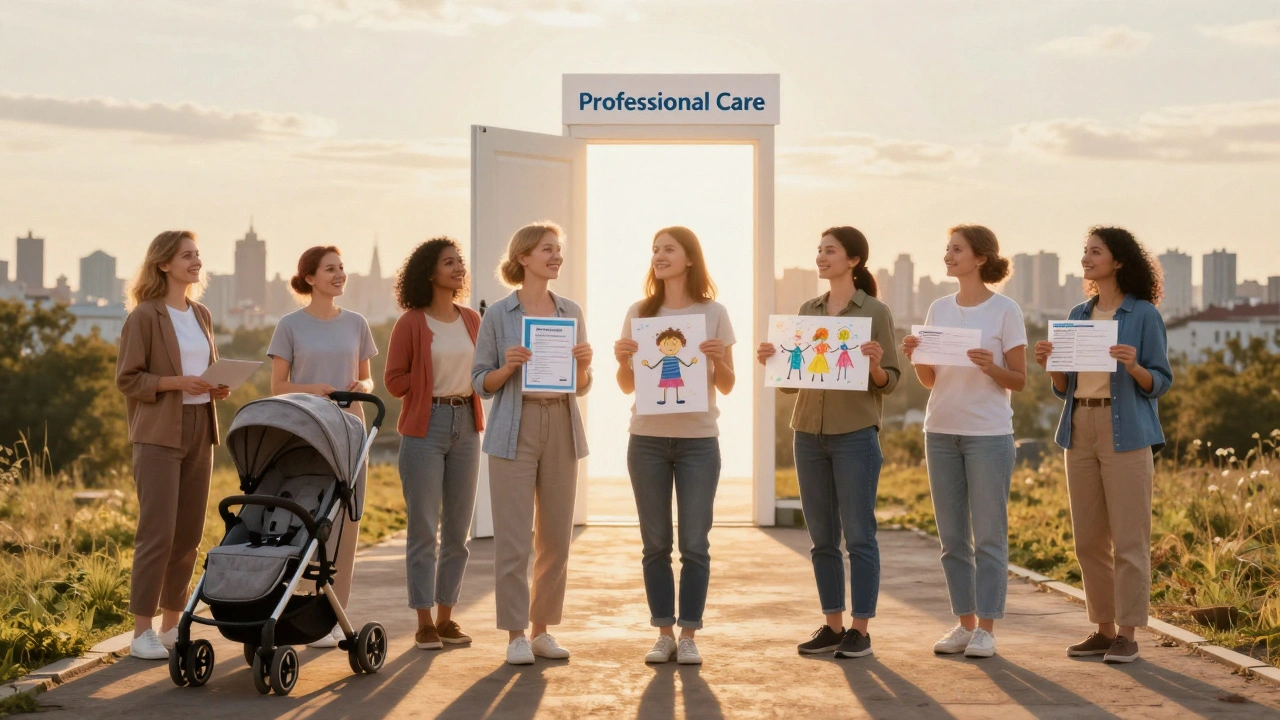 Жінки з символами професії няні на шляху до професійного визнання.