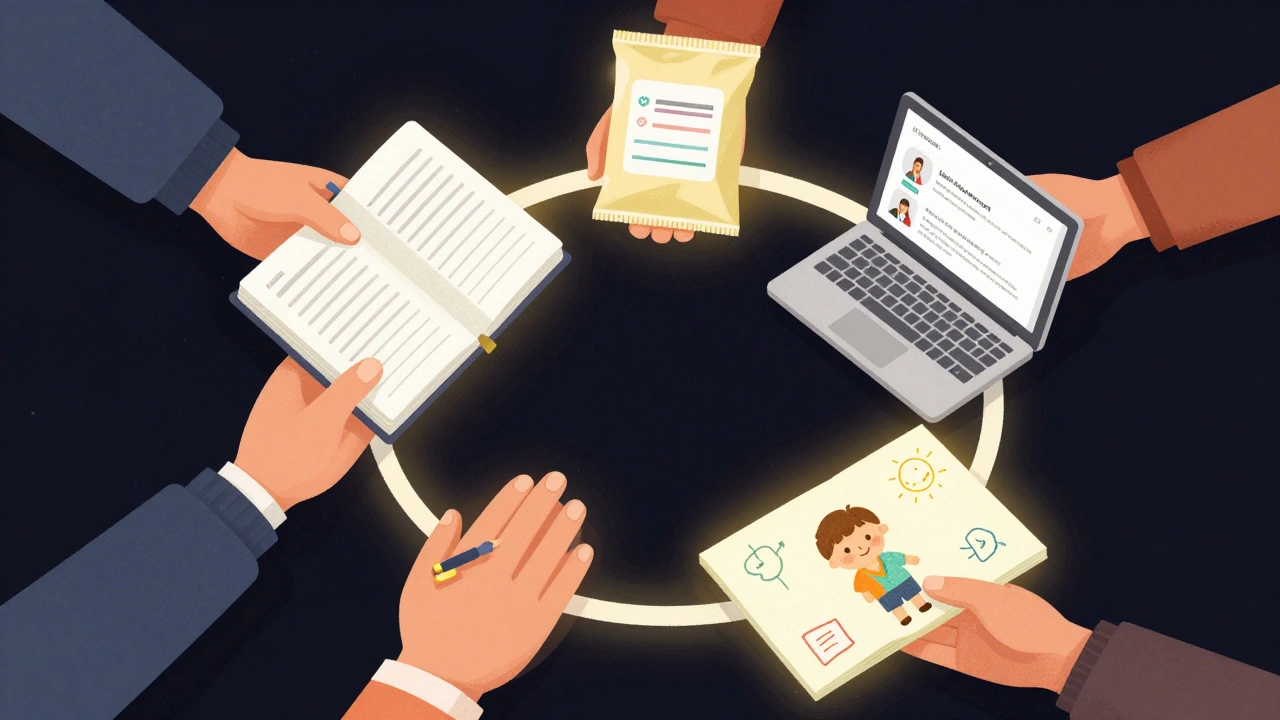 Зображення взаємопов’язаних рук, що тримають різні символи допомоги: бухгалтерські документи, ліки, ноутбук і малюнок дитини, оточені золотистим світлом.