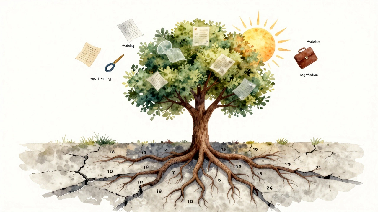 Дерево росте через тріщини бетону, коріння — календар з 16 роками, над ним — прозорі символи навичок.