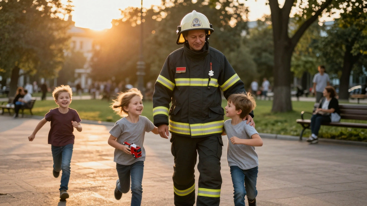 Досвідчений пожежний стоїть у парку, діти біжать до нього з усмішками.