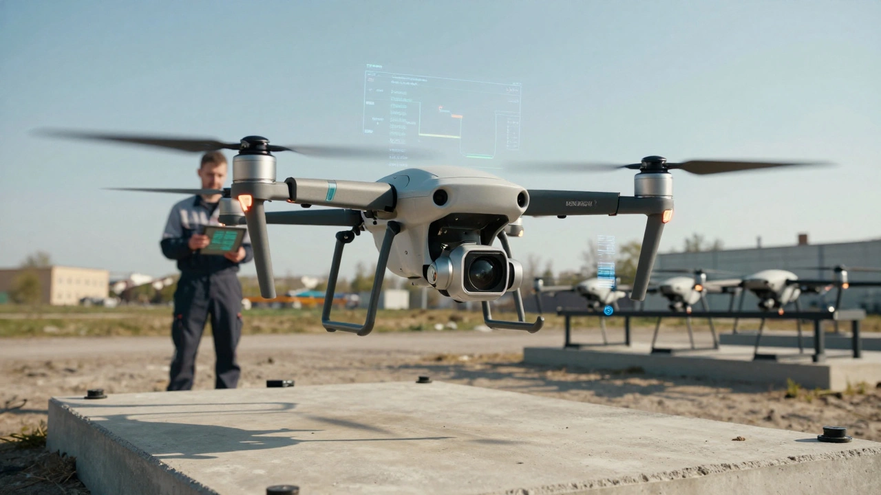 Дрон зависає над майданчиком для тестування, технік спостерігає за польотом.