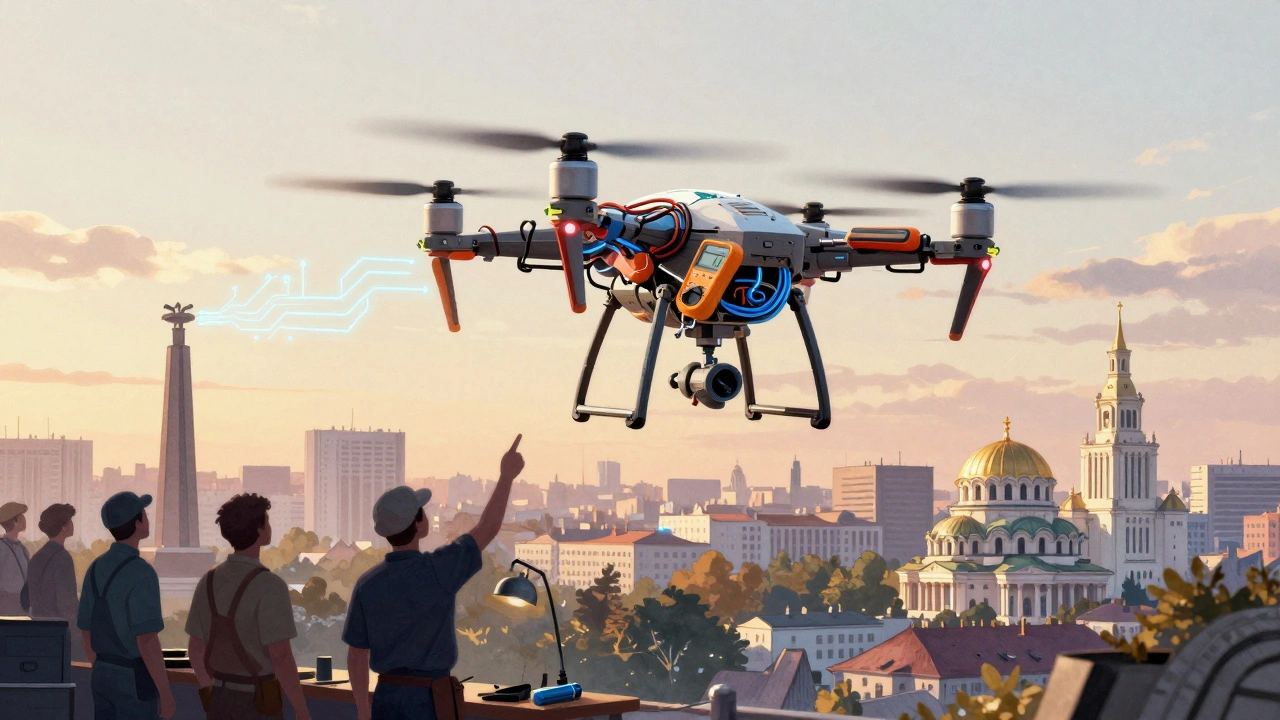 Дрон, зібраний з інструментів, літає над Києвом, залишаючи слід із електронних схем.