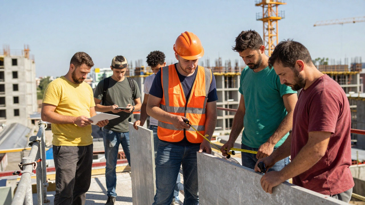 Група будівельників на ліфтах працює над фасадом у Дніпровському районі Києва, сонячний день.