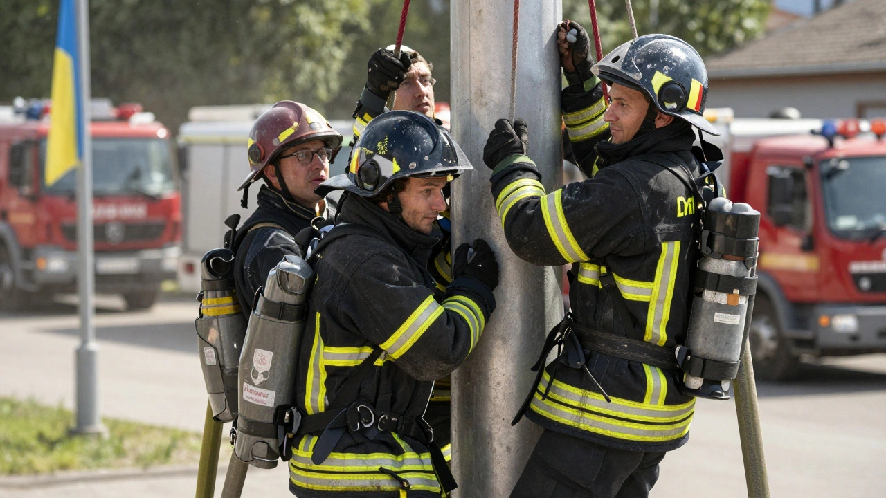 Група пожежних тренується на вежі з шлангами в центрі підготовки.