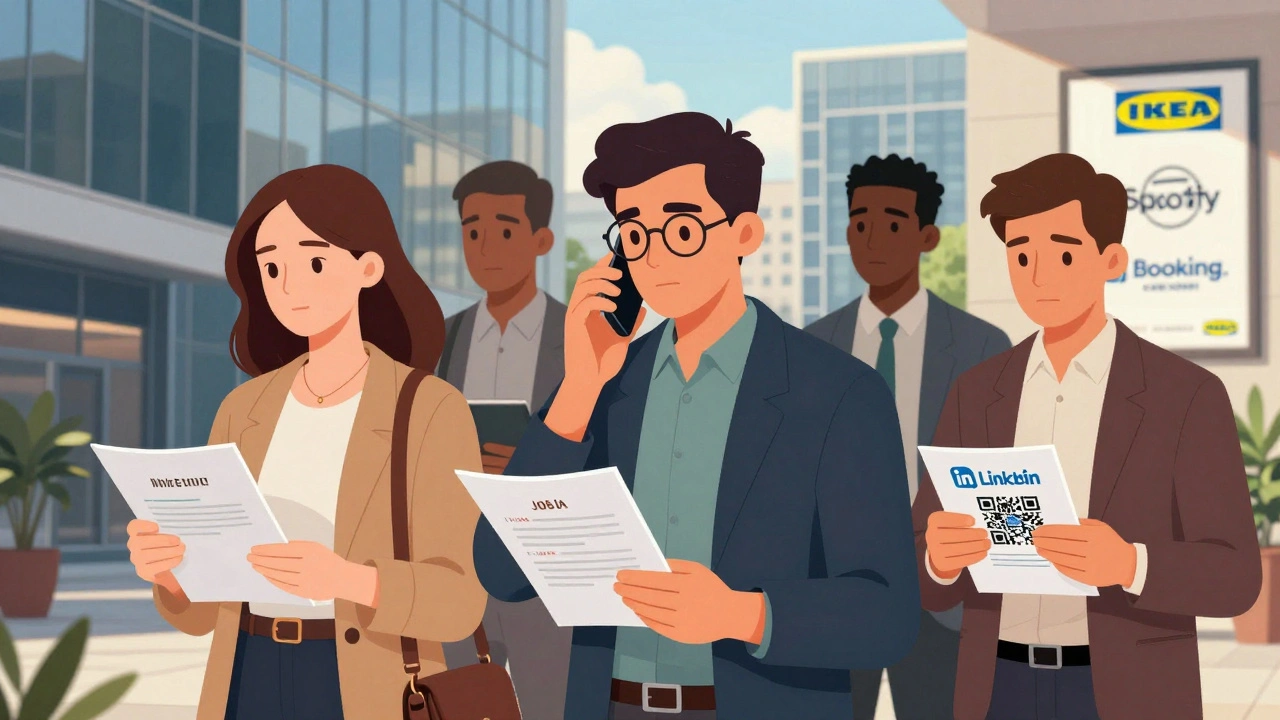 Група шукачів роботи в бізнес-центрі Києва з різними професійними атрибутами та іноземними компаніями на фоні.