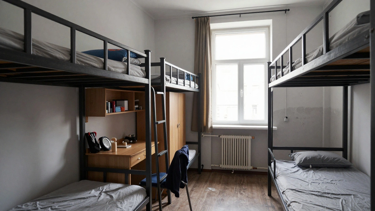 Кімната у гуртожитку на заводі: дві ліжка, шафи, особисті речі, природне світло з вікна.