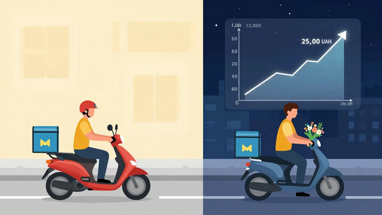 Концептуальна схема: кур'єр у Києві працює вдень і вночі, заробляючи до 25 000 грн.