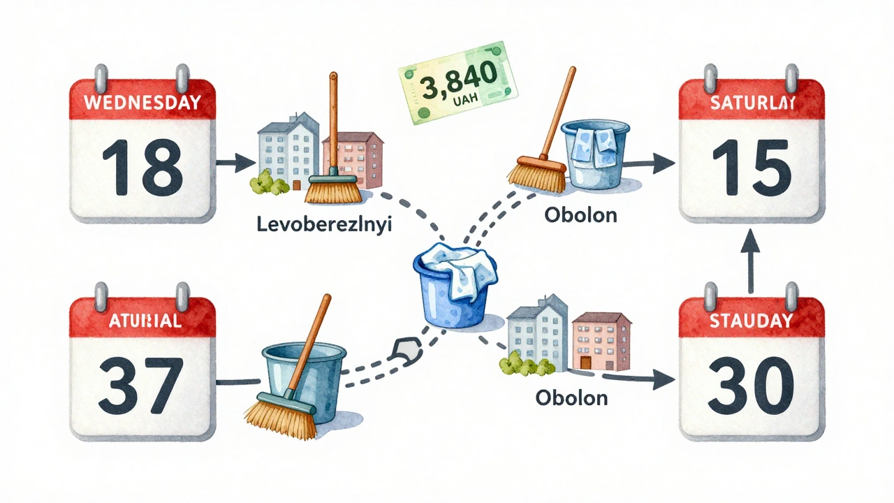 Концептуальна схема тижневого графіку прибиральниці в Києві з візитами та зарплатою.