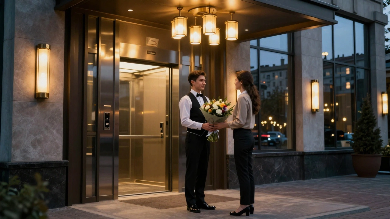 Консьєрж тримає квіти для жителя в елегантному преміум-житловому комплексі в Києві.